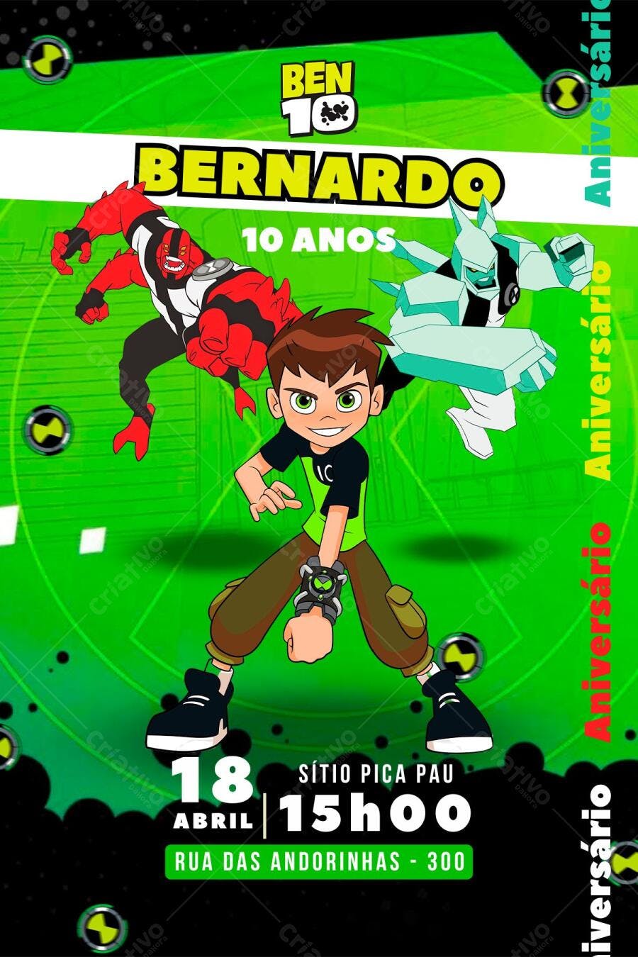 Convite de Aniversário Ben 10 Verde e Preto Editável no Canva