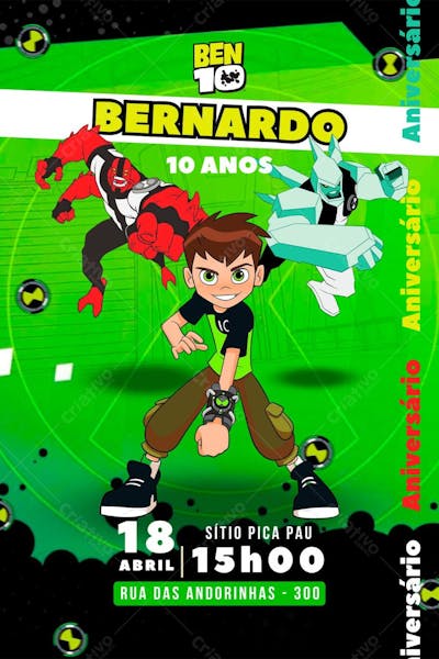 Convite de Aniversário Infantil Personalizado Desenho Ben 10 Menino Editável no Canva