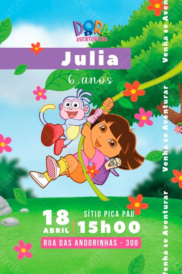 Convite de Aniversário Infantil Dora Aventureira Editável no Canva
