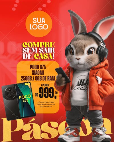 Social Media PSD Editável OFERTA DE CELULAR ELETRÔNICO COMPRE SEM SAIR DE CASA FELIZ PÁSCOA VIVO ESTÁS ELE RESSUSCITOU JESUS