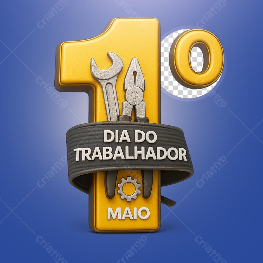 Selo 3D comemorativo Dia do Trabalhador amarelo e cinza