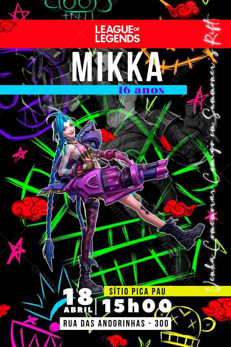 Convite de Aniversário League of Legends Jinx Editável no Canva