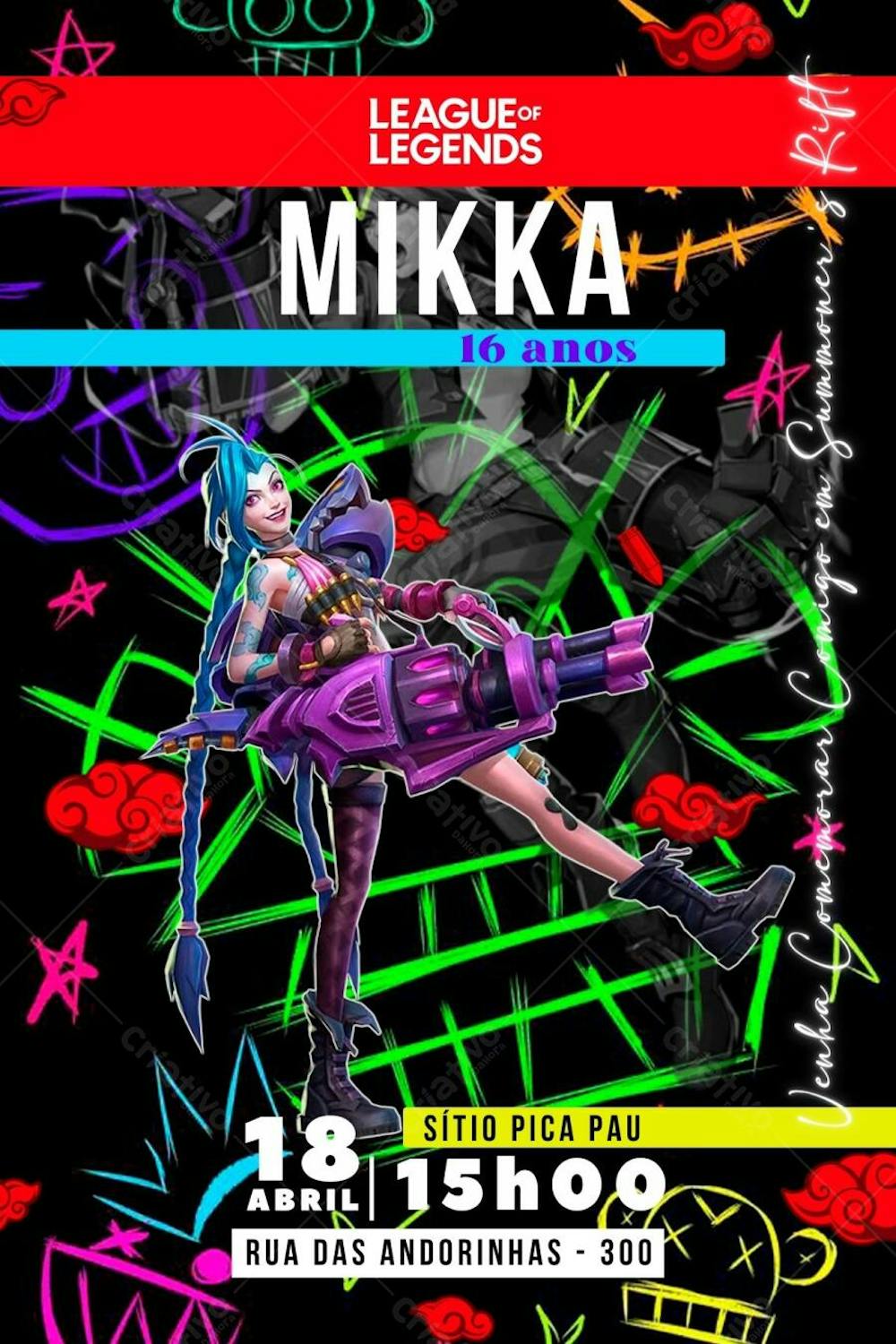 Convite de Aniversário Infantil Personalizado Jogo League of Legends Jinx Editável no Canva
