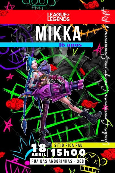 Convite de Aniversário Infantil Personalizado Jogo League of Legends Jinx Editável no Canva