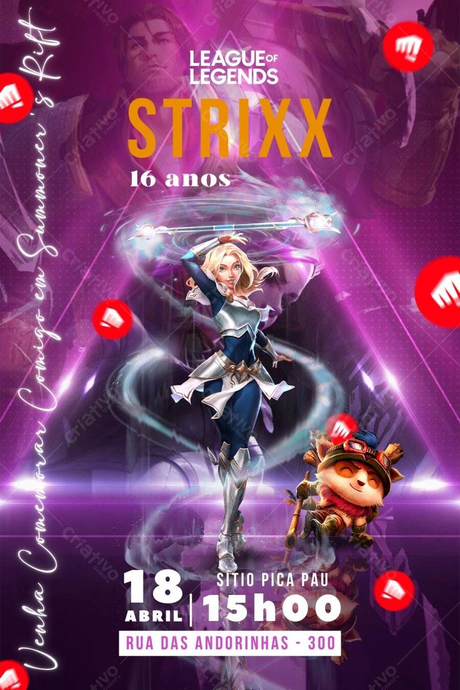 Convite Aniversário League of Legends Strixx 16 anos Editável no Canva