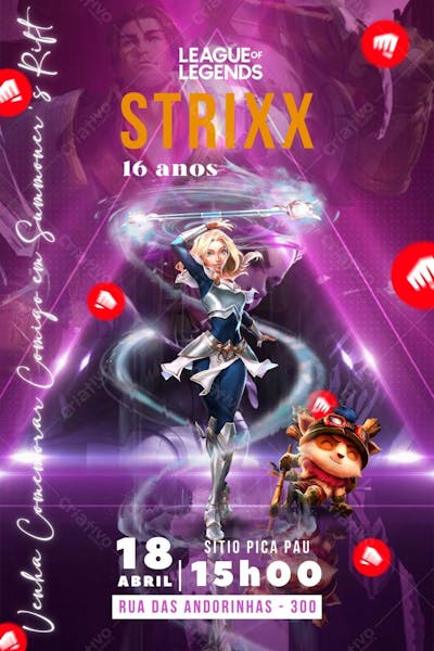 Convite de Aniversário Infantil Personalizado Jogo League of Legends Lux Editável no Canva