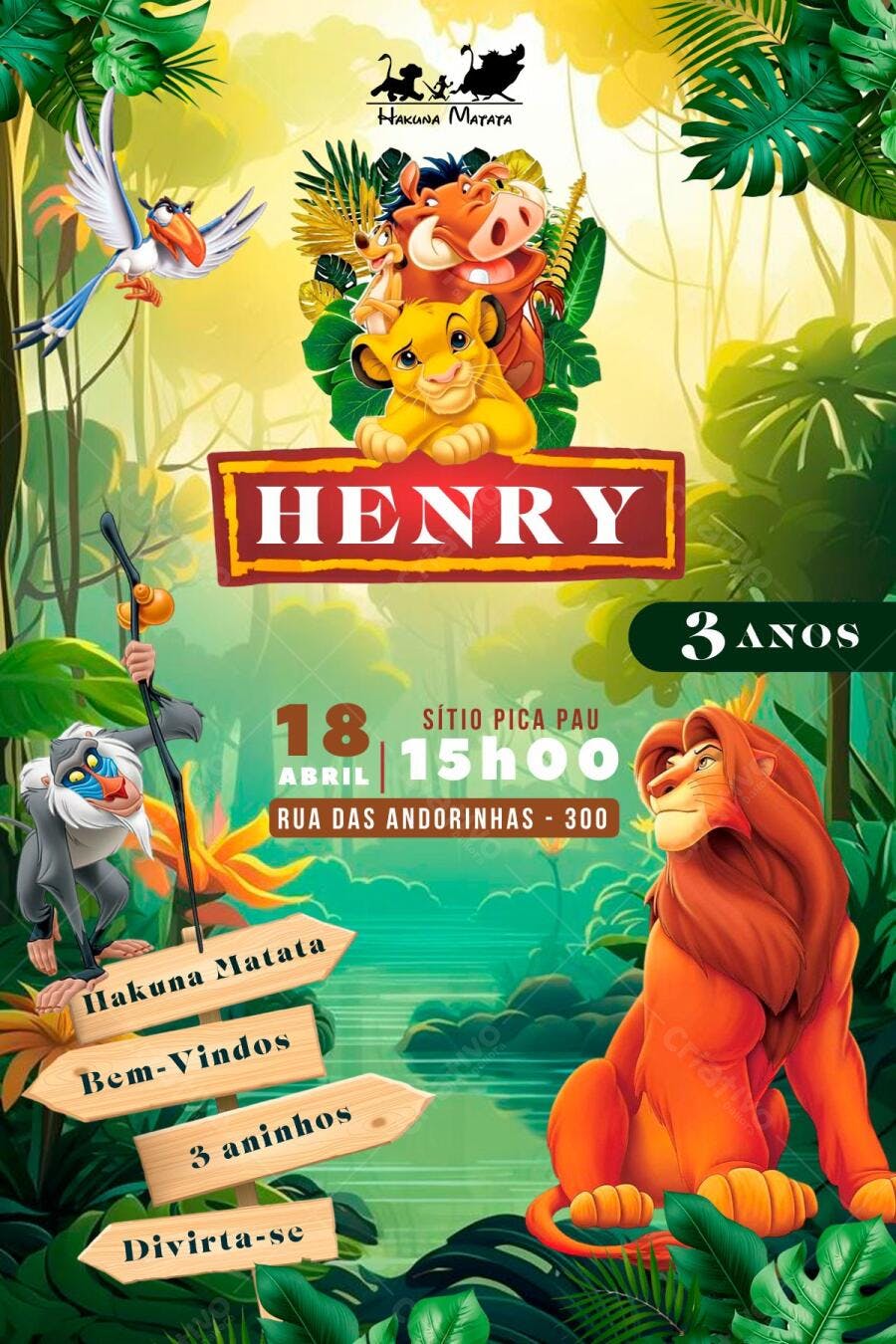 Convite de Aniversário Infantil Hakuna Matata Editável no Canva
