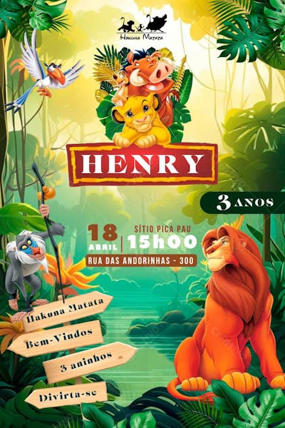 Convite de Aniversário Infantil Personalizado Desenho Rei Leão Editável no Canva