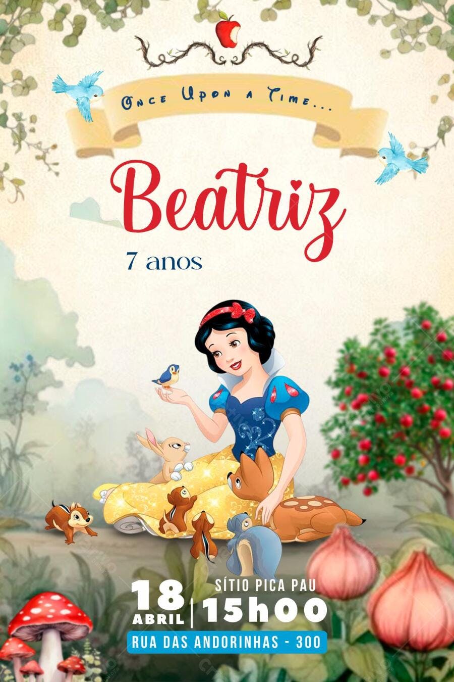 Convite Festa Infantil Branca de Neve Animais Floresta Editável no Canva
