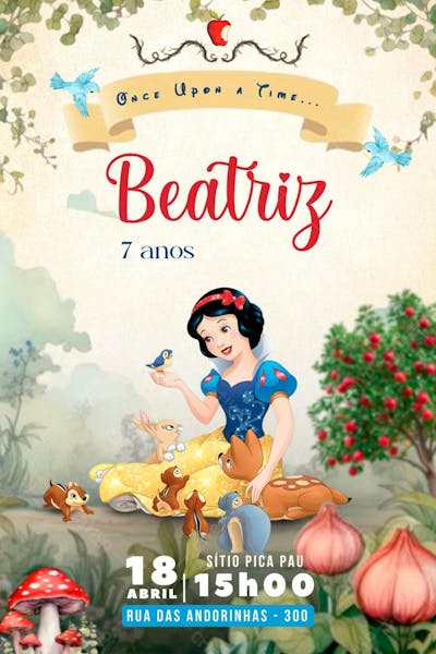 Convite de Aniversário Infantil Personalizado Desenho Branca de Neve Editável no Canva