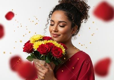 Mulher segurando flores PSD EDITÁVEL