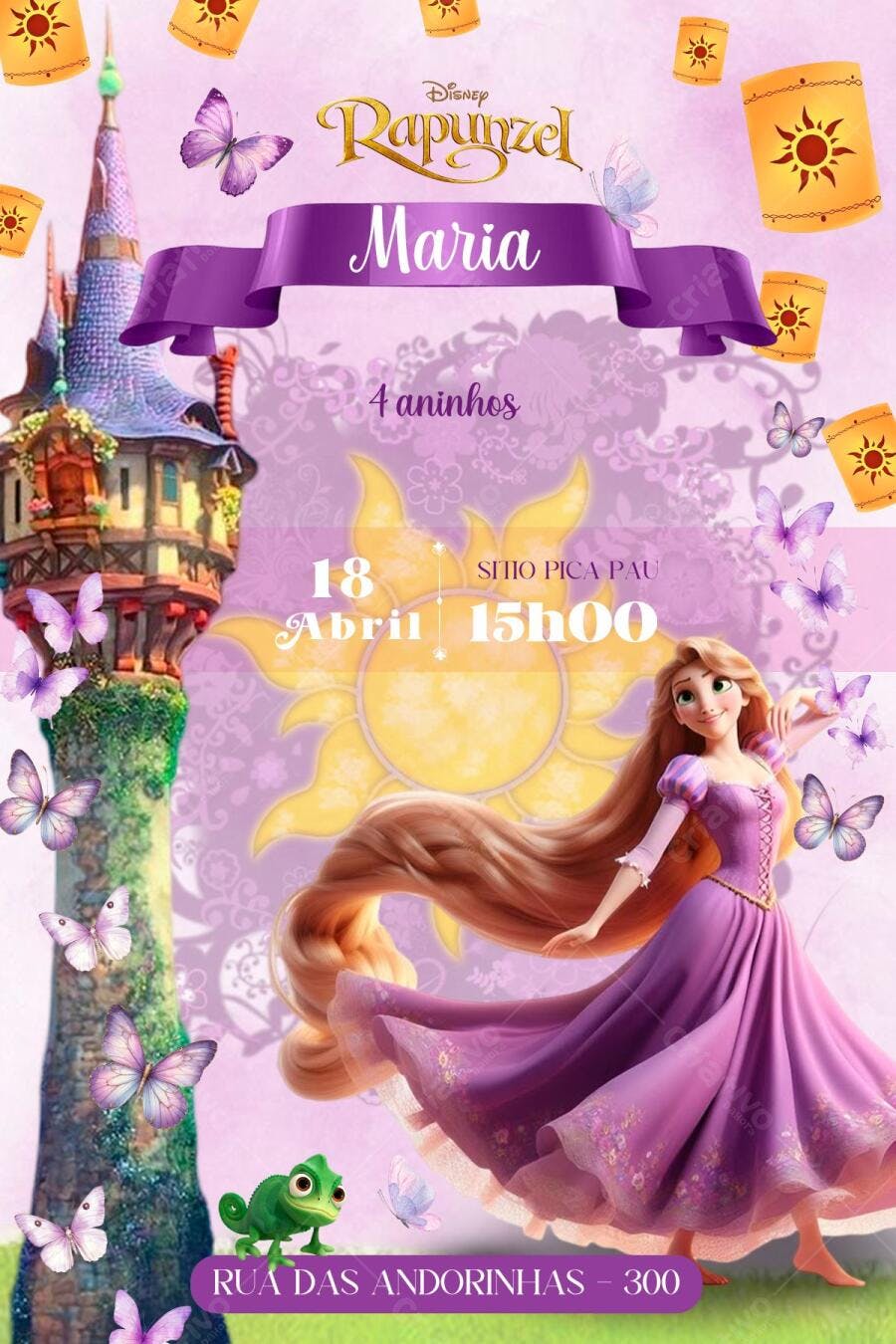 Convite de Aniversário Rapunzel Lilás e Dourado Editável no Canva