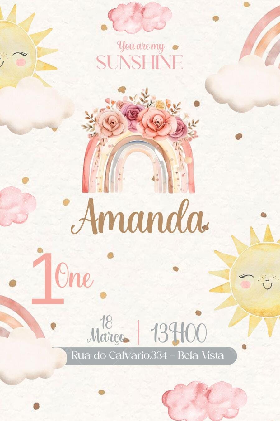 Convite de aniversário infantil tema Arco-íris e Sol Editável no Canva