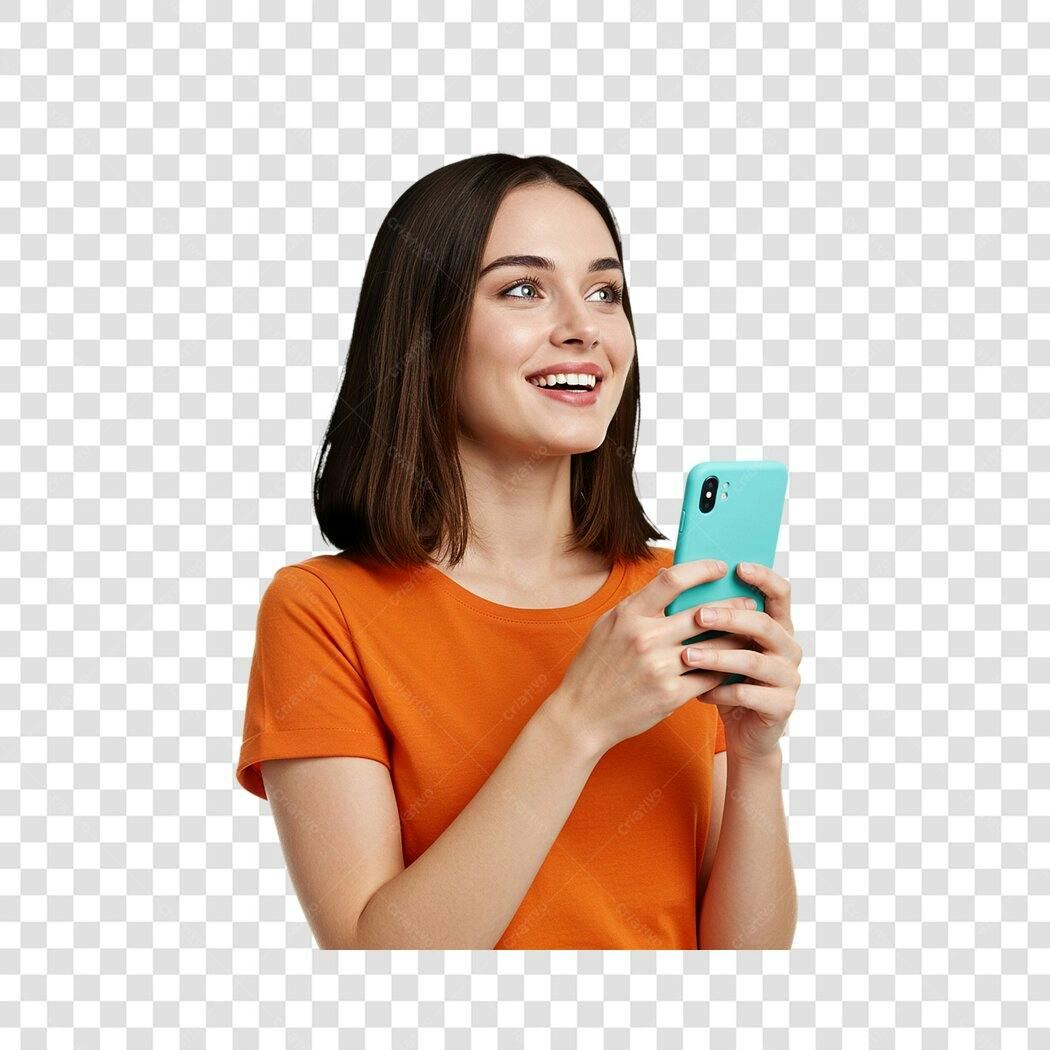 Post Instagram mulher usando celular PNG com fundo transparente