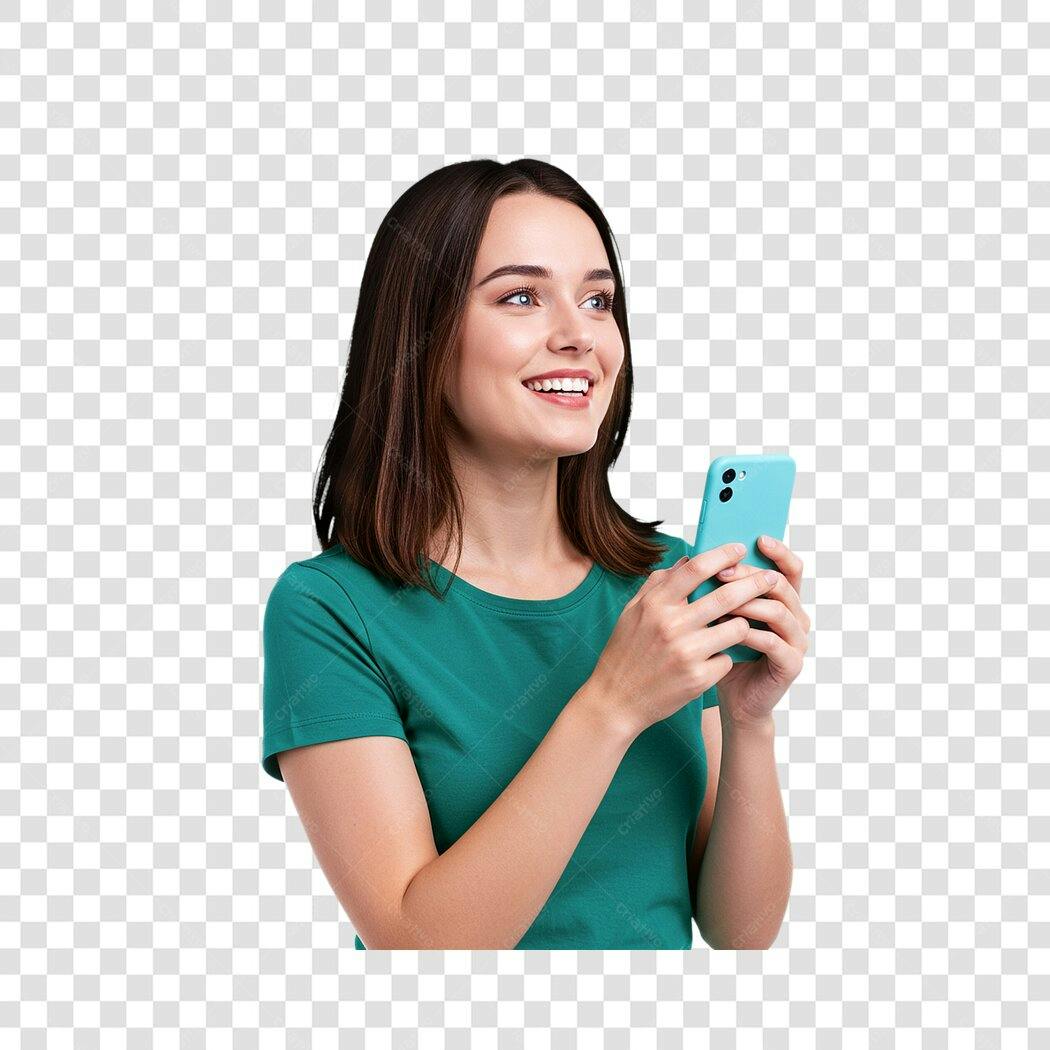 Post Instagram mulher usando celular PNG com fundo transparente