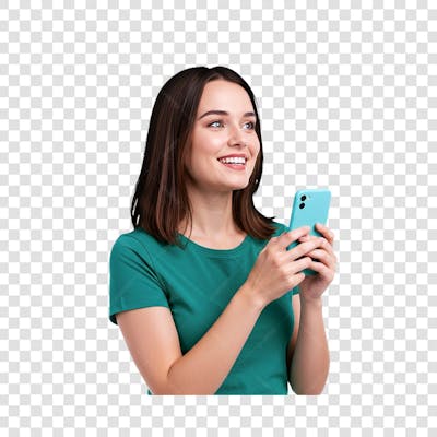 Uma mulher caucasiana ela segura um smartphone olhando para cima com uma expressão alegre e feliz