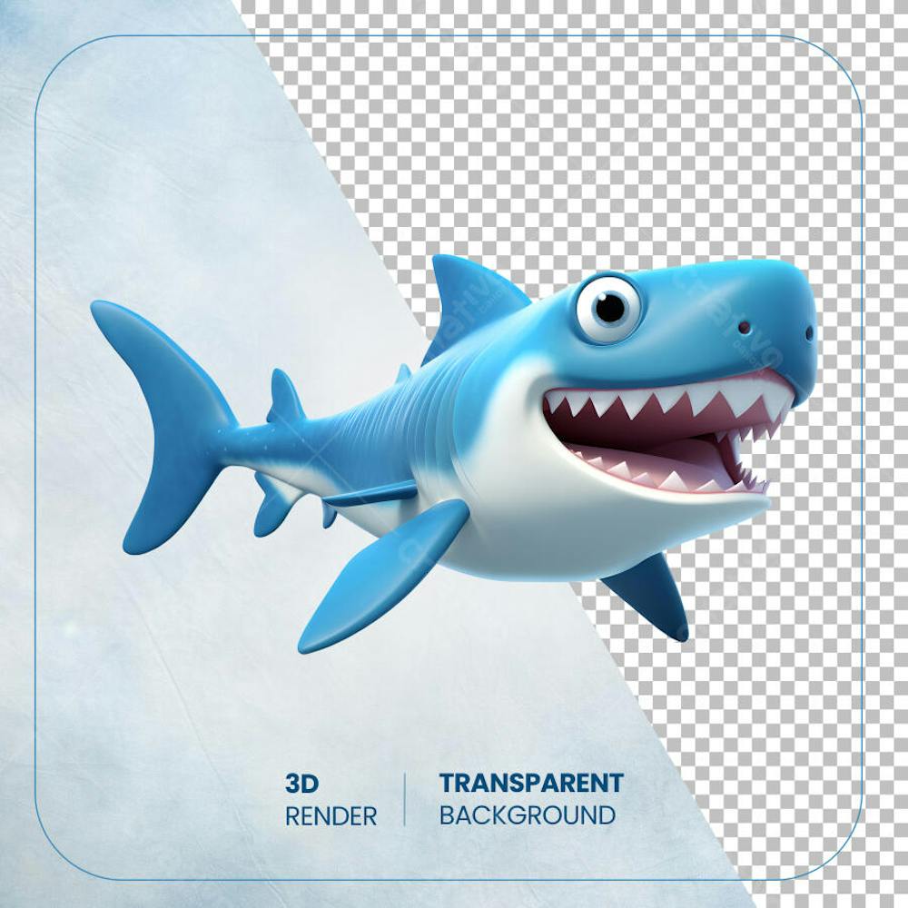 Tubarão 3D cartoon isolado em fundo transparente
