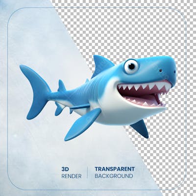 Tubarão 3D cartoon isolado em fundo transparente