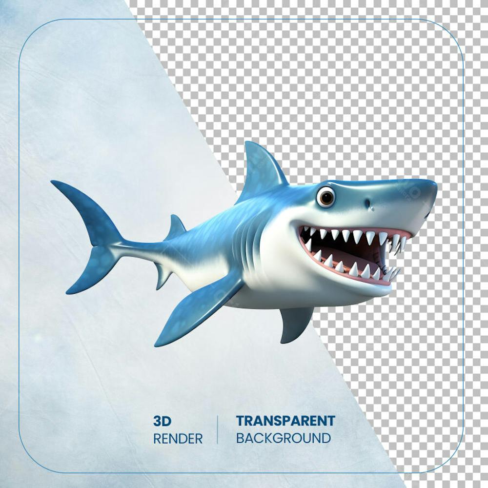 Tubarão 3D cartoon isolado em fundo transparente