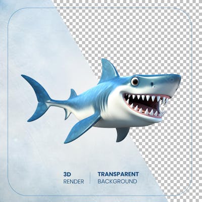 Tubarão 3D cartoon isolado em fundo transparente