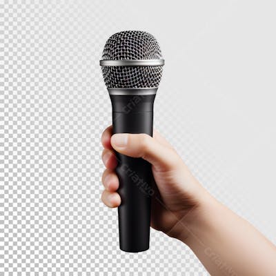 Mão segurando microfone para discurso em fundo transparente