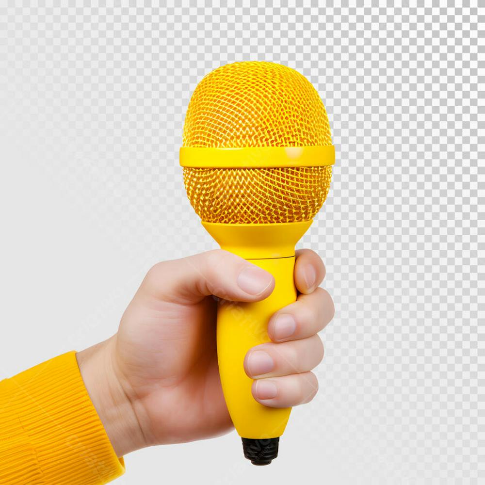Mão segurando microfone para discurso em fundo transparente