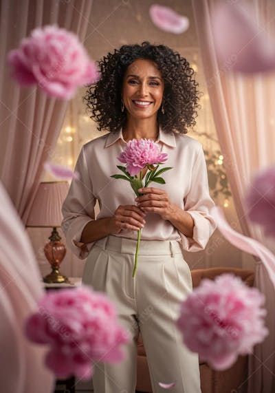 Mulher feliz segurando flor PSD EDITÁVEL 3