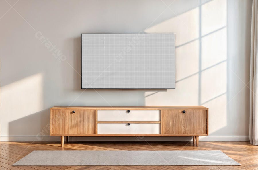 Mockup de TV Moderna em Sala de Estar Minimalista
