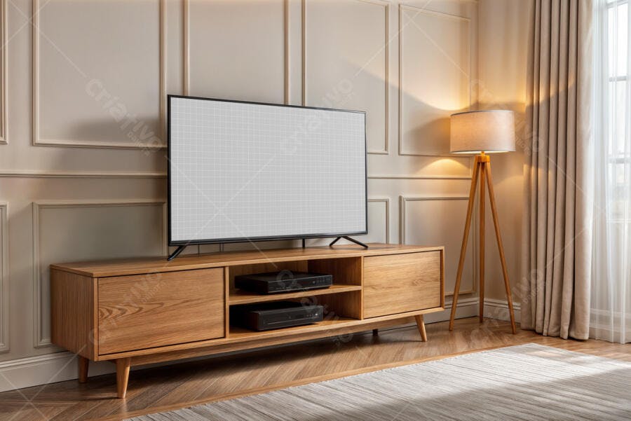 Mockup de Smart TV em Sala Moderna com Móveis de Madeira