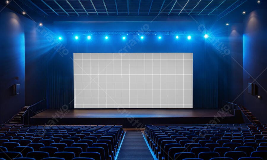 Mockup Cinema: Tela Gigante em Sala de Cinema com Iluminação Azul