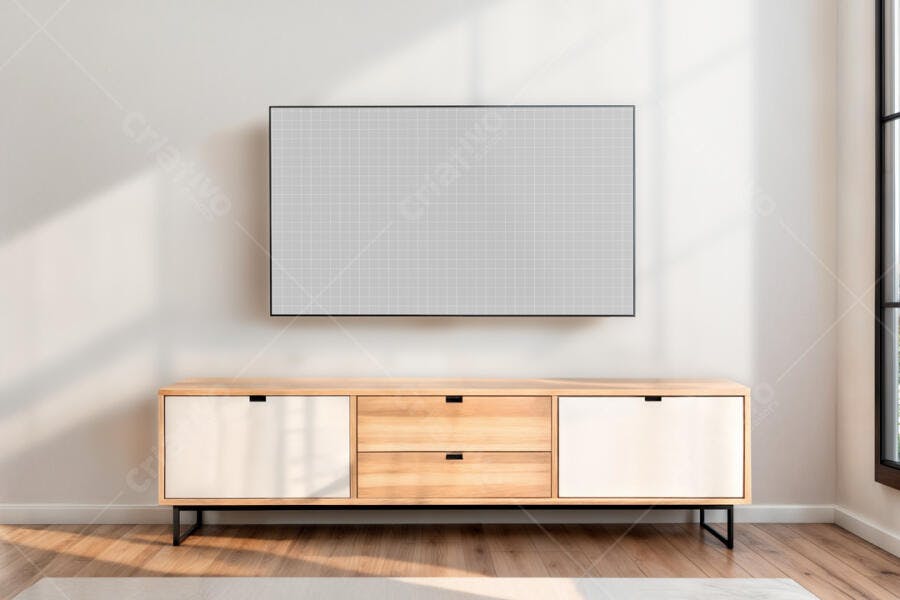 Mockup de TV Moderna em Sala de Estar Minimalista
