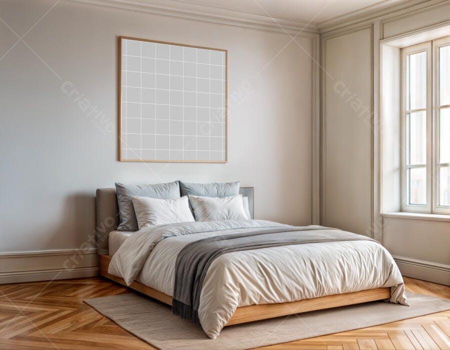 Mockup Quadro Moderno em Quarto Minimalista