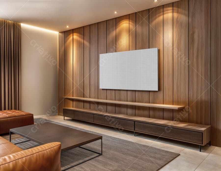 Mockup de TV Moderna em Sala de Estar com Madeira
