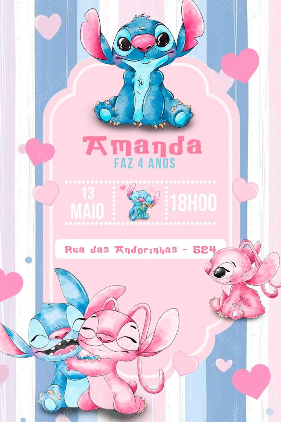 Convite de Aniversário Infantil Stitch e Angel Rosa e Azul Editável no Canva