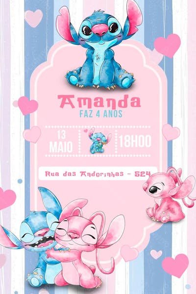 Convite de Aniversário Infantil Personalizado Desenho Stitch e Angel Editável no Canva