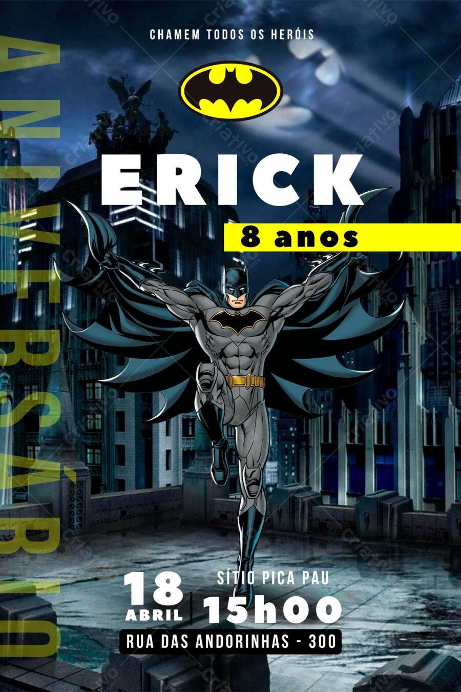 Convite de Aniversário Batman 8 anos Editável no Canva