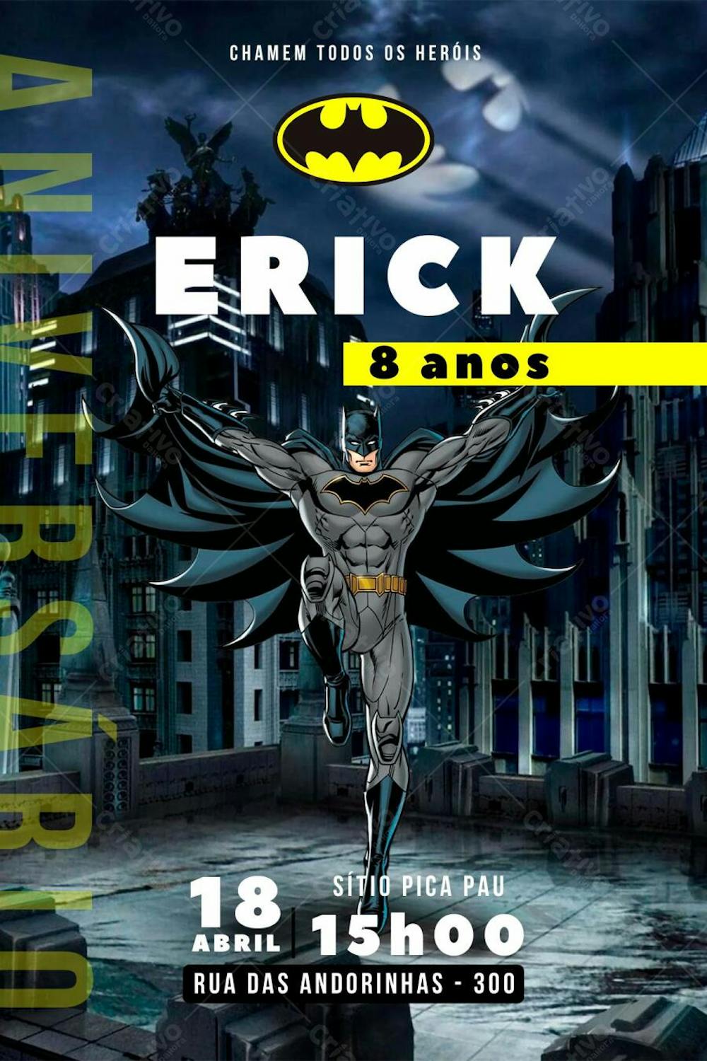 Convite de Aniversário Infantil Personalizado Personagem Batman DC comics Editável no Canva