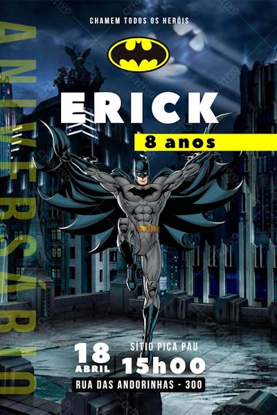 Convite de Aniversário Infantil Personalizado Personagem Batman DC comics Editável no Canva