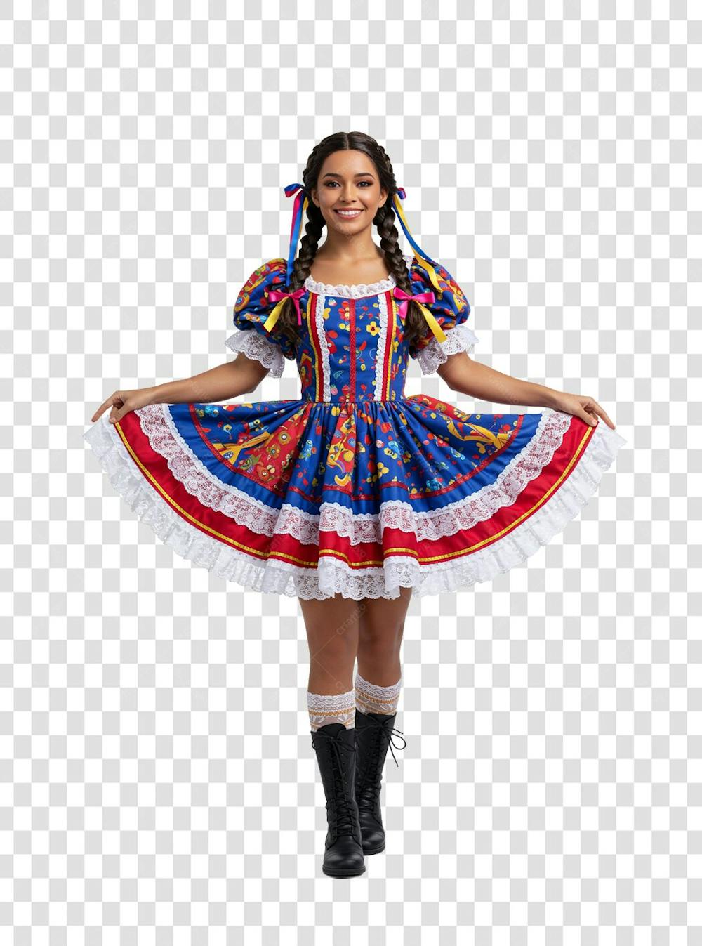 Mulher com roupa de festa junina feliz PNG TRANSPARENTE