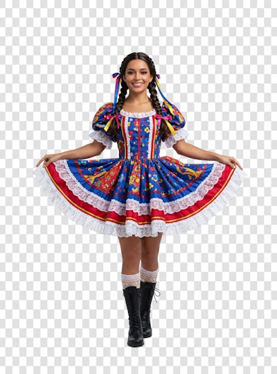 Mulher com roupa de festa junina feliz PNG TRANSPARENTE