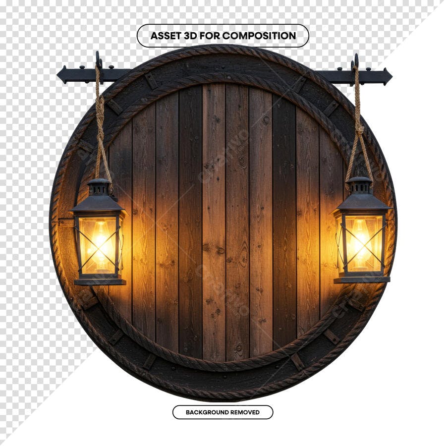 Placa de Madeira Rustica com Lanternas PSD Editável