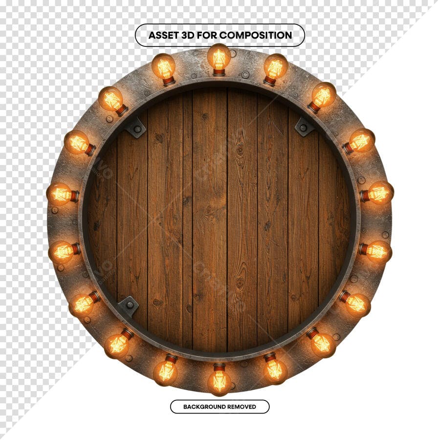 Moldura Circular de Madeira com Lâmpadas PSD Editável