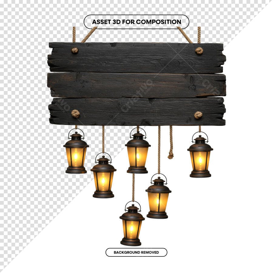 Placa de Madeira com Lanternas PSD Editável