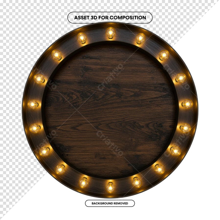 Moldura Circular de Madeira com Lâmpadas PSD Editável