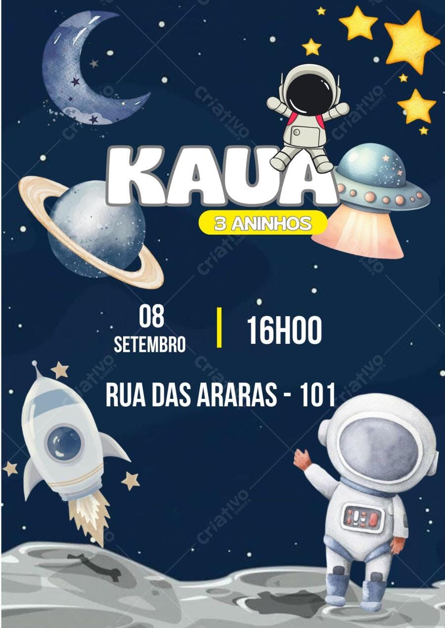 Convite Festa Infantil Astronauta Azul e Amarelo Editável no Canva
