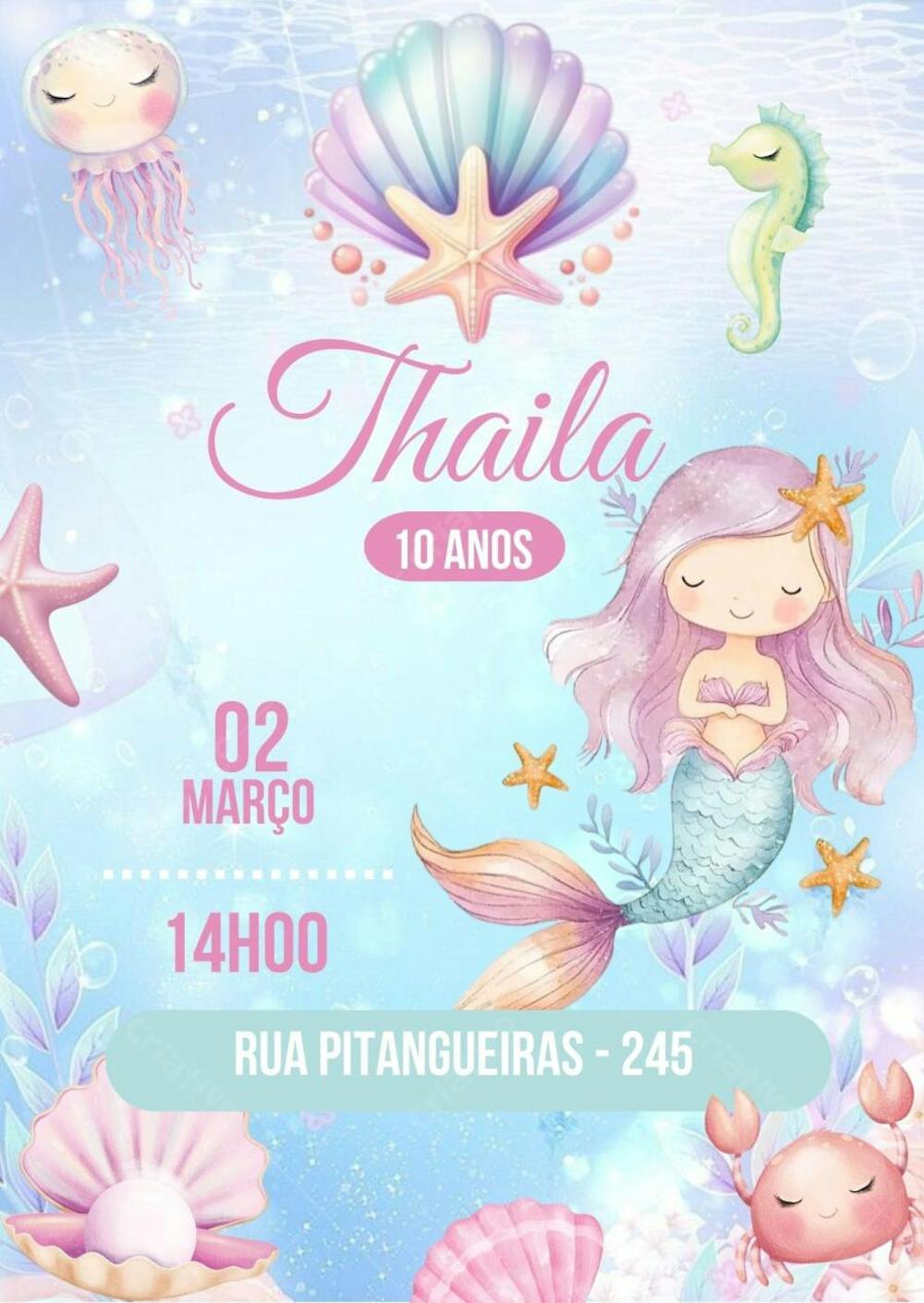 Convite de Aniversário Infantil Personalizado Personagem Sereia Menina Editável no Canva