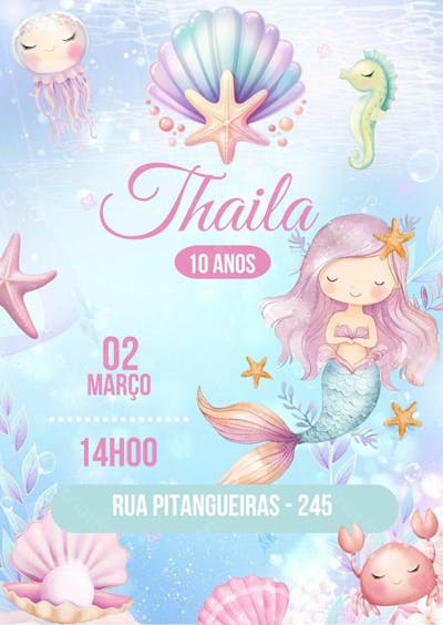 Convite de Aniversário Infantil Personalizado Personagem Sereia Menina Editável no Canva