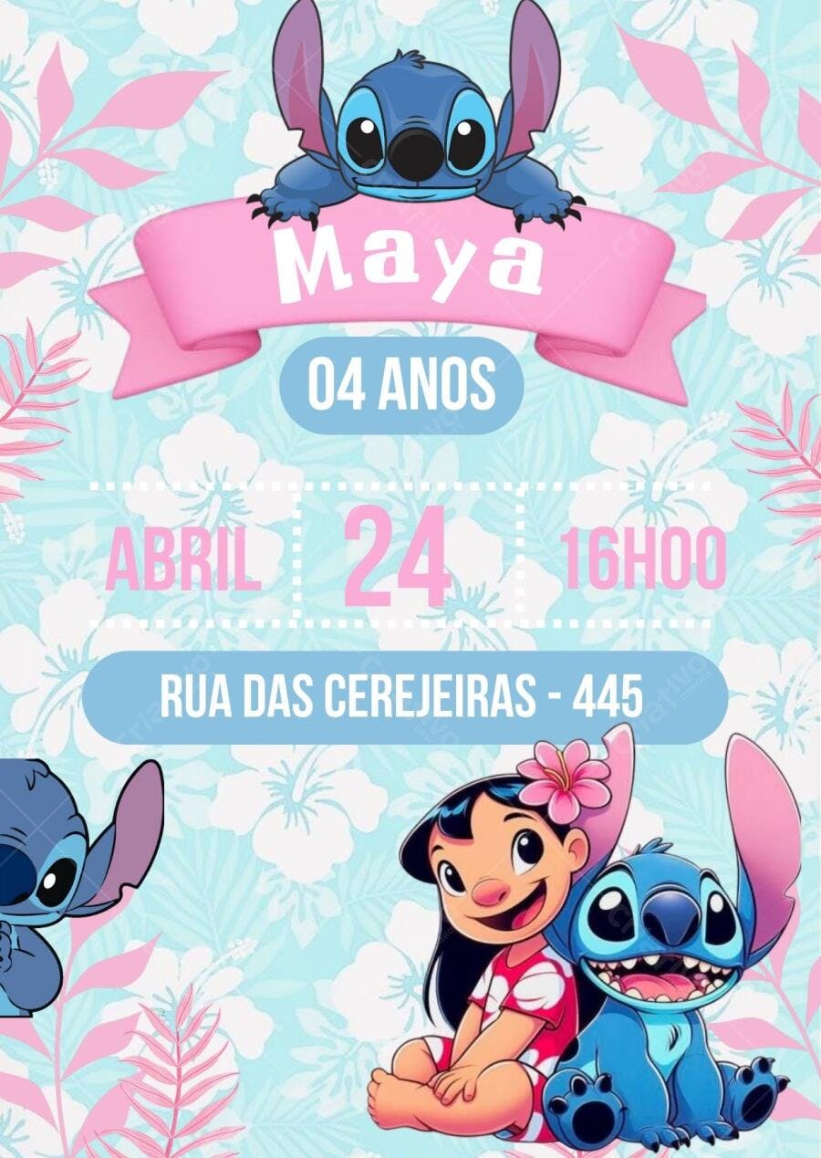 Convite Aniversário Infantil Stitch e Lilo Azul e Rosa Editável no Canva