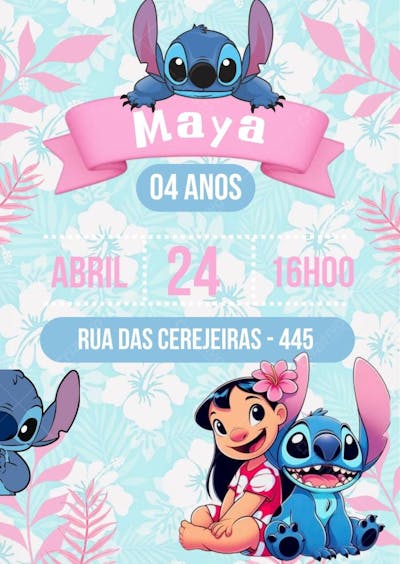Convite de Aniversário Infantil Personalizado Lilo e Stitch Menina Editável no Canva