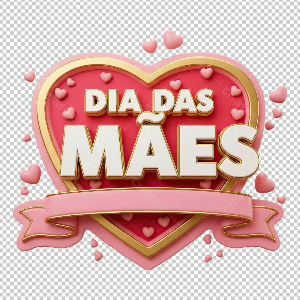 Selo Dia das Mães Coração Rosa com Fita em 3D